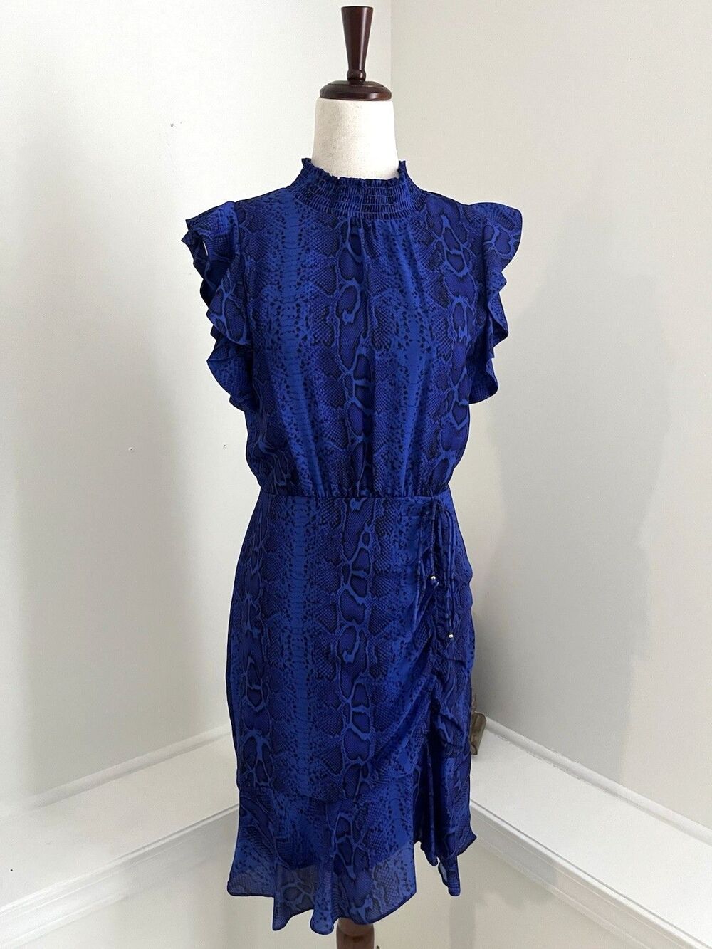 Sam Edelman Snakeprint Dress Flutter Sleeve Rouching High Neck Keyhole Back SZ 6